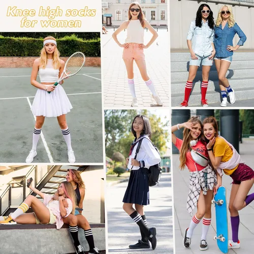 Miniatura 6 de Calcetines deportivos hasta la rodilla para mujer, para deportes al aire libre, medias altas hasta el muslo, calcetines casuales a rayas