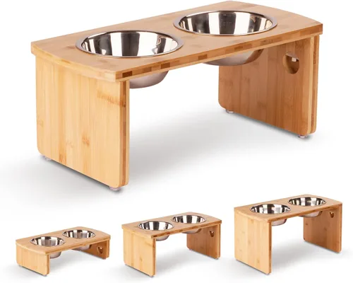 Miniatura 20 de Cuencos elevados para perros, cuenco elevado de bambú para perros y gatos pequeños, con 2 cuencos de acero inoxidable