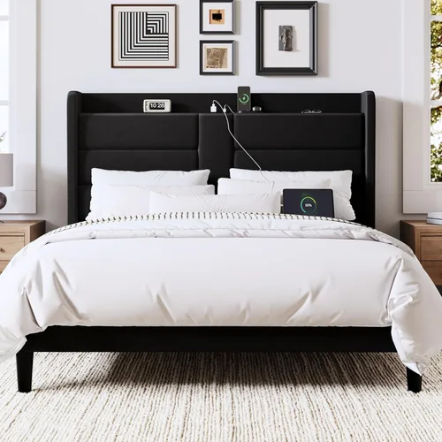 Miniatura 3 de Allewie Base de cama de plataforma tamaño Queen con estación de carga y cabecera de almacenamiento, diseño tapizado de terciopelo con respaldo