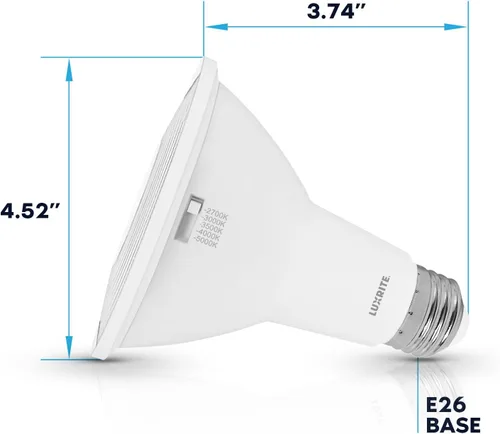 Miniatura 3 de LUXRITE PAR30 Bombilla LED de Inundación de Cuello Largo, Equivalente a 75W, 5 Colores Seleccionables 2700K-5000K, 850 Lúmenes, 10W, Bombilla LED