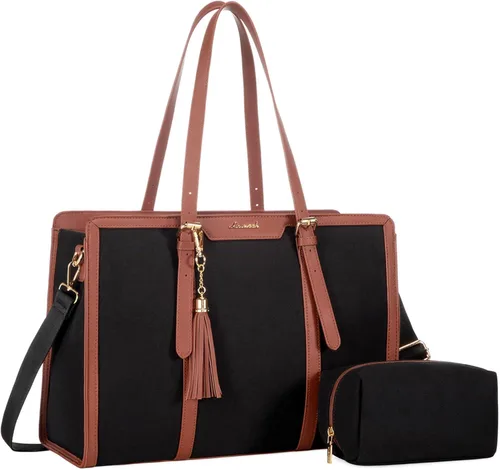 Miniatura 13 de LOVEVOOK Bolsa para laptop para mujer, bolsa de lona ligera de 15.6 pulgadas, bolsa grande para computadora, con bolso de mano, para negocios, Beige