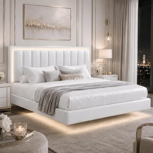 Miniatura 12 de IMMERSTABLE Marco de cama flotante tamaño Queen, marco de cama tapizado tamaño Queen con cabecero, luces LED RGB, soporte de listones de madera Negro