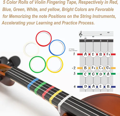 Miniatura 5 de CRAFTEEM 1/2 Conjunto de violín negro premium hecho a mano para principiantes, adultos y niños con cinta adhesiva para dedos de 5 colores - Violín
