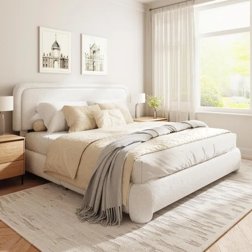 Miniatura 10 de Base de cama Boucle tamaño King, plataforma tapizada en nube con cabecero ajustable en altura y esquinas redondeadas suaves, no necesita somier, sin