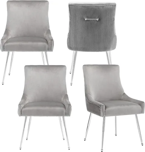 Miniatura 33 de adochr Juego de 2 sillas de comedor modernas con patas de metal dorado, silla de cocina tapizada de terciopelo, respaldo plisado, silla decorativa
