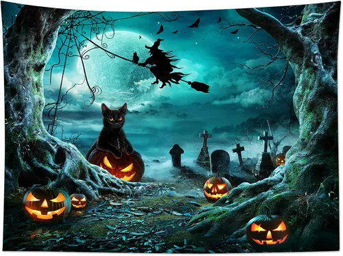Miniatura 14 de LB Tapiz espeluznante de cementerio de Halloween, lápida aterradora con árboles muertos, tapiz de bosque para colgar en la pared, tapiz de fondo