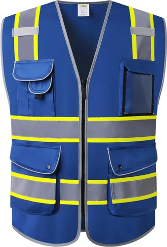 Miniatura 28 de JKSafety Chaleco de seguridad frontal con cremallera de alta visibilidad de 9 bolsillos de color dual MESH Lite Tira reflectante con ribete