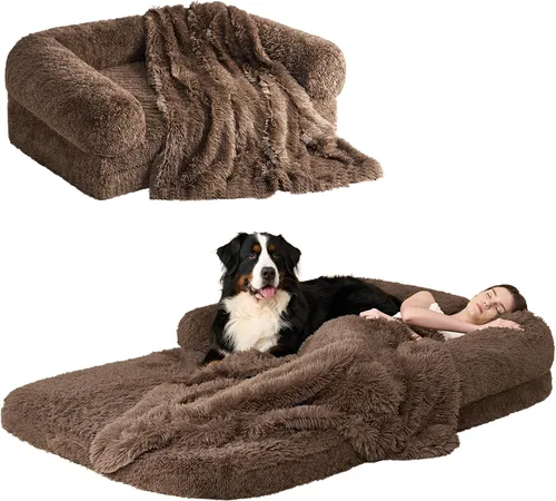 Miniatura 12 de EHEYCIGA Cama plegable XL para perros, 46 x 34 x 6.5 pulgadas, sofá cama mullida de piel sintética para perros grandes, cama ortopédica calmante