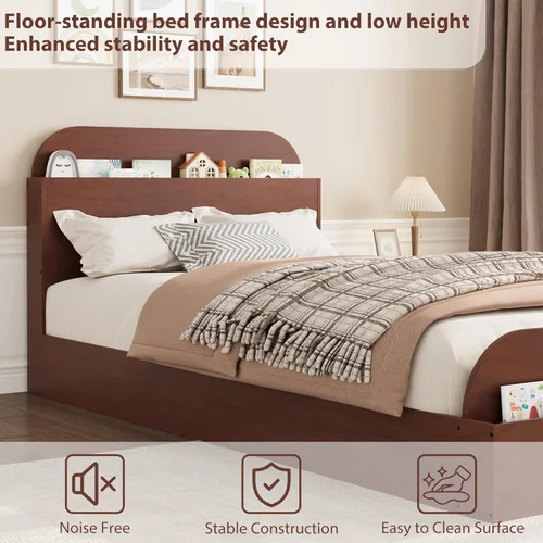 Miniatura 5 de Estructura de cama Garvee tamaño individual con cabecero y estribo – Cama de plataforma baja para niños, diseño de piso doble de madera, sin ruido