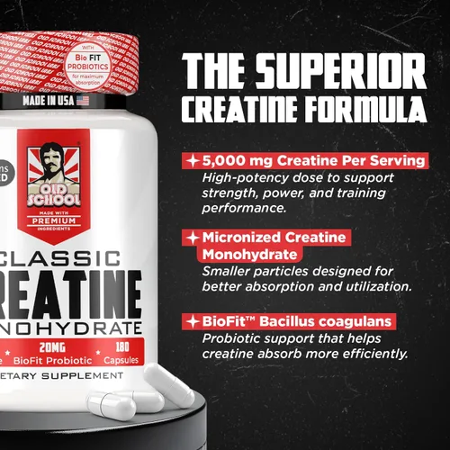 Miniatura 5 de Old School Labs Monohidrato de creatina micronizada de 5000 mg con probiótico BioFit™ - Sin hinchazón post-recuperación para hombres y mujeres Apoya
