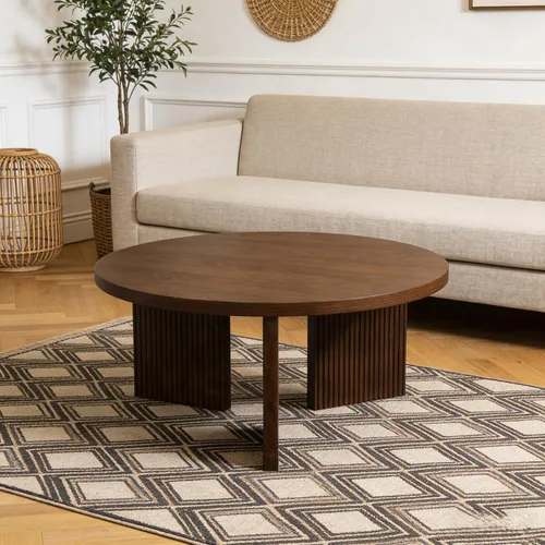 Miniatura 5 de Mesa de café redonda de madera, mesa de café de 35" con mesa gruesa y lisa, mesa central baja circular con patas estables en forma de X, mesa de té