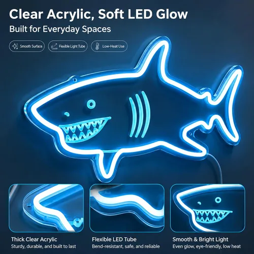 Miniatura 4 de Letrero de neón de tiburón con sensor de movimiento, letrero de neón LED azul hielo con 3 modos regulables, tablero acrílico decoración de tiburón