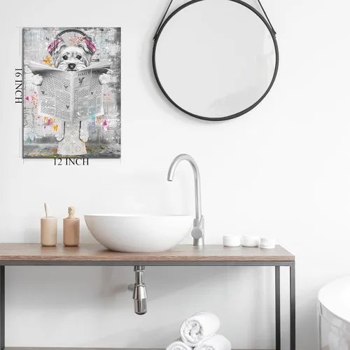 Miniatura 7 de ENTANUB Arte de Pared de Perro para Baño, Divertido Cuadro de Lienzo de Animales para Dormitorio, Decoración de Imágenes en Blanco y Negro