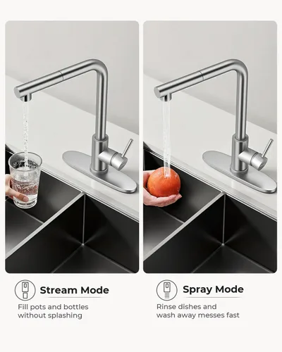 Miniatura 3 de WEWE Grifo de cocina de acero inoxidable de 14.5 pulgadas de alto con rociador extraíble, grifo de fregadero giratorio de 360° de níquel cepillado