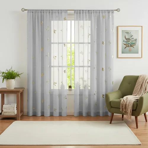 Miniatura 22 de Jubilantex Paneles de cortinas transparentes de mariposas negras y doradas de 52 pulgadas de ancho para dormitorio de niñas, elegantes cortinas