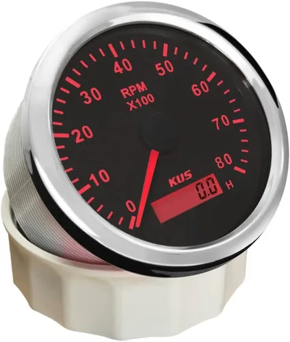 Miniatura 2 de Kus Tacómetro de 3.346 in RPM REV Contador con medidor de horas 8000RPM con retroiluminación 12V/24V (8K-Negro+Acero Inoxidable)