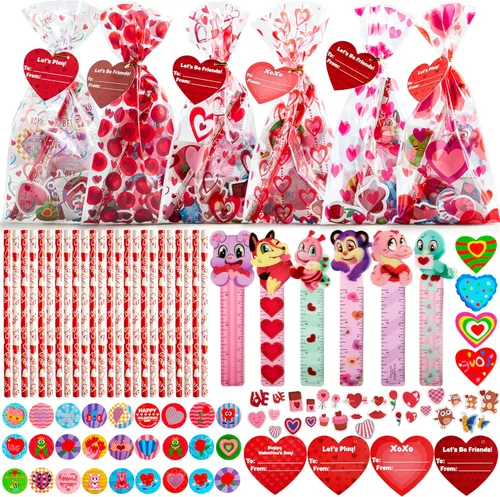 JOYIN Paquete de 28 regalos de papelería para el día de San Valentín para niños, bolsas de golosinas con juego de recuerdos de fiesta para