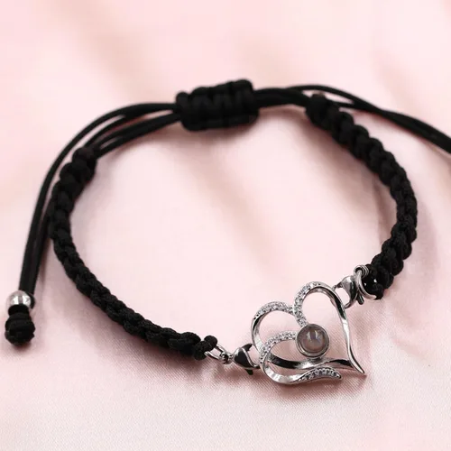 Miniatura 4 de Pulsera y collar de corazón con dije de proyección en 100 idiomas hechos a mano y collar de doble uso, pulsera de corazón con texto en inglés "I