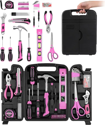 Miniatura 2 de Juego de herramientas rosadas, 131 piezas, color rosa, para mujeres, kit de herramientas manuales para el hogar con caja de herramientas de plástico