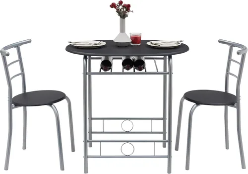 Miniatura 8 de VECELO Juego de mesa redonda y silla de madera de 3 piezas para comedor, cocina, bar, desayuno, con estante de almacenamiento de vino, ahorro