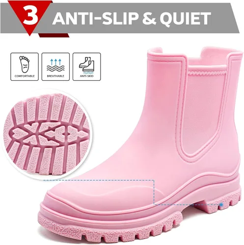 Miniatura 4 de Hsttgsr Botas de lluvia para mujer, cómodos botines elásticos para adultos, botas Chelsea de tacón medio a la moda, impermeables, antideslizantes