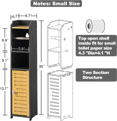 Miniatura 4 de AOJEZOR - Soporte de papel higiénico: gabinete pequeño de almacenamiento para baño - Negro - Bambú Blanco/Bambú