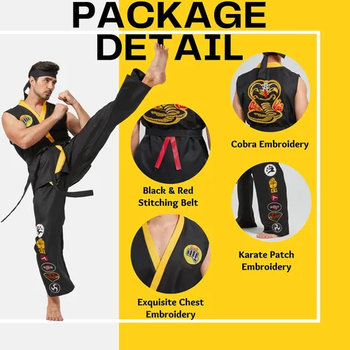 Miniatura 7 de Disfraz de karate para hombre, de lujo, talla grande, conjunto de uniforme de karate Gi de Halloween, con diadema de cinturón negro, unisex