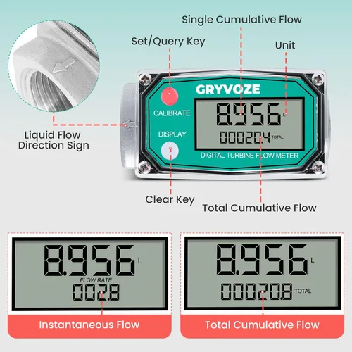 Miniatura 2 de Medidor de flujo de combustible de turbina digital de 1 pulgada, medidor de flujo de rosca NPT en línea de 2.6-26 GPM con adaptadores de 3/4