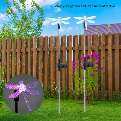 Miniatura 5 de Paquete de 2 luces solares de jardín al aire libre, impermeable, luz LED que cambia de color, libélula solar para paisaje, luz de estaca