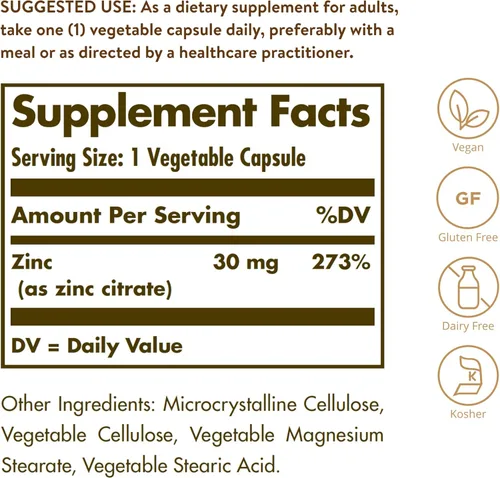 Miniatura 2 de Solgar Cápsulas vegetales de citrato de zinc, 100 unidades, sin OGM, sin gluten y kosher, apoya la salud del sistema inmunitario, piel y ojos