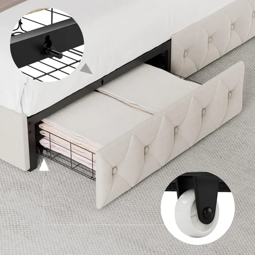 Miniatura 5 de Keyluv Marco de Cama Tapizada con LED Tamaño King con 4 Cajones, Cama de Plataforma de Terciopelo con Almacenamiento con Cabecero Capitoné de Beige