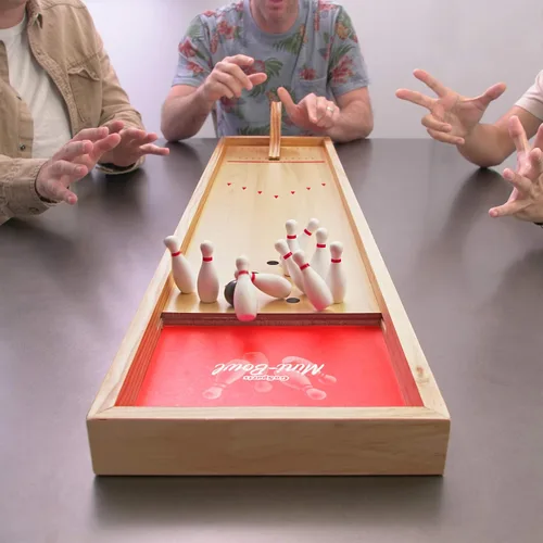 Miniatura 5 de GoSports Mini juego de boliche de madera para mesa para niños y adultos - Incluye 1 tablero de pista de boliche, 1 rampa de lanzamiento, 2 bolas