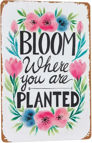 Letrero de metal de inspiración de jardín, 8 x 12 pulgadas, "Bloom Where Planted", decoración rústica de pared para invernadero, porche y estética