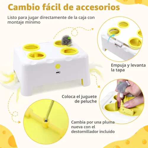 Miniatura 5 de Caja de queso interactivo para gatos de interior, juguete de plumas 3 en 1, juguete de plumas de topo, 3 modos de juguetes recargables para gatos