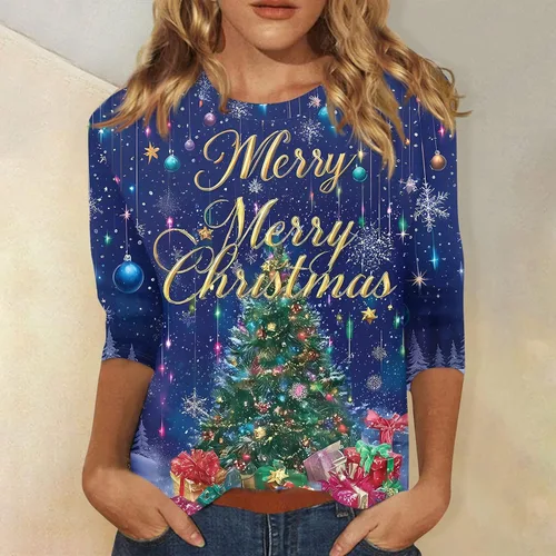 Miniatura 33 de Camisetas de manga 3/4 para mujer, cuello redondo, holgadas, casuales, con estampado floral, camisetas de moda para el trabajo de negocios