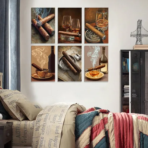 Miniatura 6 de Aihonmin Whisky de cigarros, paquete de 6 pinturas por números para adultos principiantes, whisky, cigarrillos, kits de pintura al óleo sobre lienzo