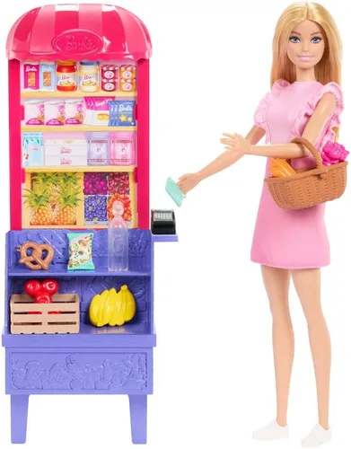 Muñeca y juego de moda de amistad de Barbie y Teresa, tema Malibu en el mercado con 11 accesorios incluyendo puesto de mercado y comida