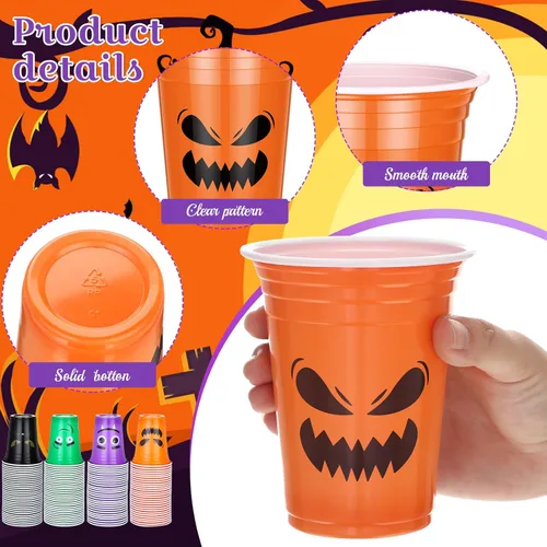 Miniatura 3 de Dandat 120 vasos de plástico desechables para fiesta de Halloween de 12 onzas, tazas de calavera de calabaza para Halloween, suministros de fiesta