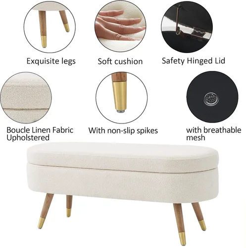 Miniatura 4 de IAFIKE Banco de almacenamiento ovalado de 43.5" Banco otomano tapizado de tela bouclé Banco reposapiés con patas de metal dorado, extremo de cama