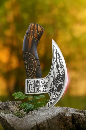 Miniatura 8 de SHINY CRAFTS® Hacha cortadora de pizza vikinga, hoja de acero al carbono con grabado y funda negra, auténtico regalo medieval para él, hacha Sca-027