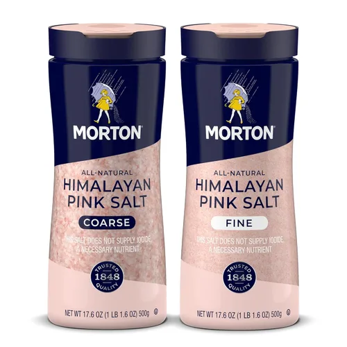 Morton Juego de sal rosa del Himalaya, fina (17.6 onzas) y gruesa (17.6 onzas), paquete de 2, totalmente natural, perfecto para hornear, mezclar,