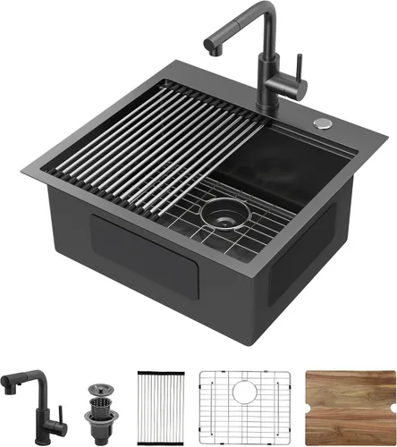 Miniatura 22 de Fregadero de cocina de 25 pulgadas, fregadero de un solo cuenco, color negro mate, calibre 18, 25 x 22 pulgadas, acero inoxidable, montaje superior