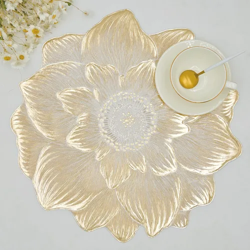Miniatura 11 de Juego de 6 manteles individuales redondos florales de vinilo dorado, alfombrillas de mesa resistentes al calor y antideslizantes para decoración
