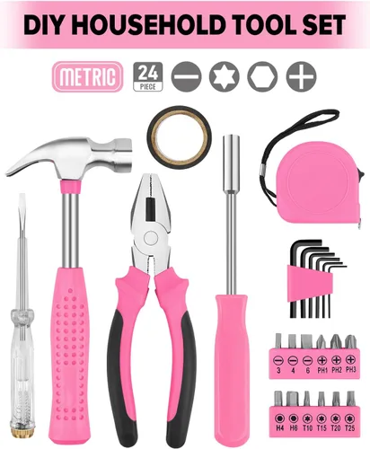 Miniatura 2 de Kit de herramientas de bricolaje para el hogar, oficina y garaje, juego de herramientas de mano pequeñas de reparación general con estuche de Rosa