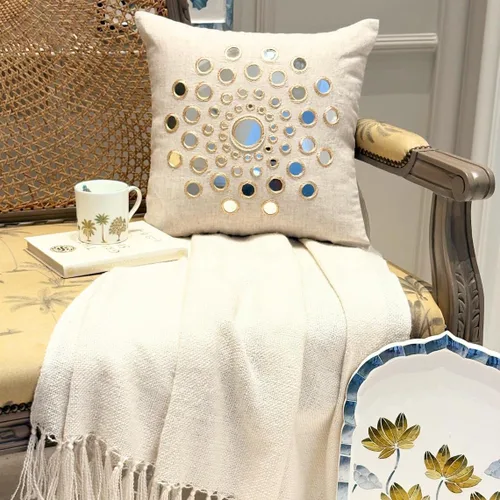 Miniatura 3 de HomeCentric Funda de almohada geométrica beige, 12 x 12 pulgadas, cuadrado de lino y algodón, círculos contemporáneos de Pascua, círculo de la vida