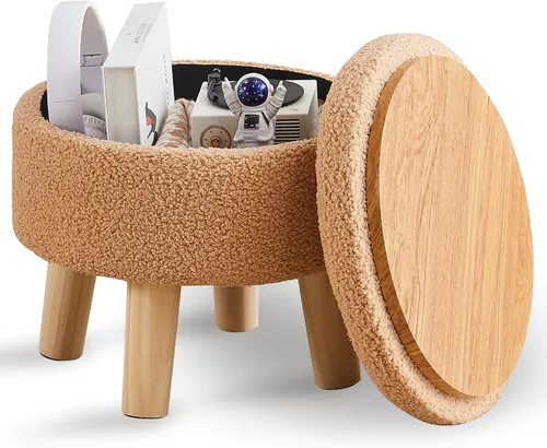Miniatura 13 de Wimarsbon Otomana de almacenamiento, moderno reposapiés redondo con asiento acolchado suave, reposapiés de terciopelo teddy con patas de madera