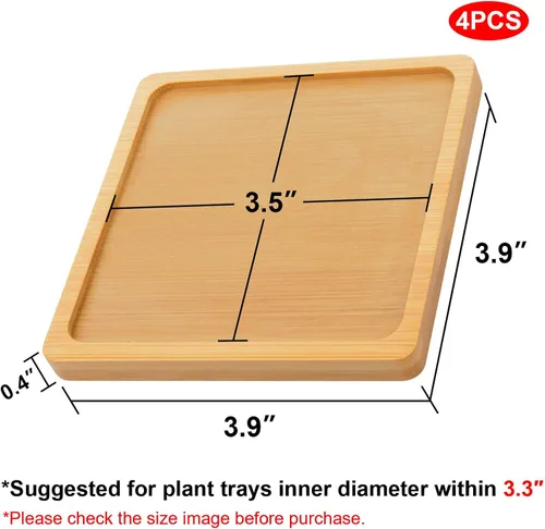 Miniatura 2 de Cosmos 4 piezas de platillo de bambú para suculentas, bandeja de drenaje con borde elevado para macetas pequeñas de 3.5 pulgadas (forma cuadrada)