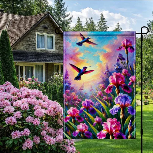 Miniatura 3 de BlissYard Bandera de jardín de primavera de 12 x 18 pulgadas, doble cara de colibrí, iris, pintura floral, patio, al aire libre, colorido