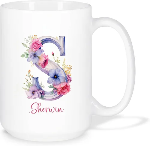 Miniatura 16 de Taza de café personalizada de la letra A del alfabeto, Taza de café blanca con nombre personalizado único, Taza inicial de monograma floral