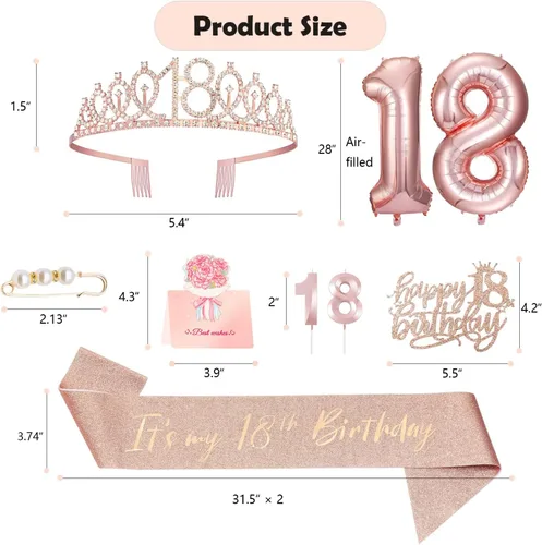 Miniatura 2 de Decoraciones de cumpleaños número 18 para niñas, incluyendo banda de reina de regalos de feliz cumpleaños número 18 con alfiler de perlas, corona